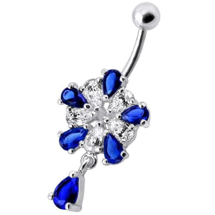 Jeweled Fancy Silver Flower Dangling Banana Bar Navel Belly Ring