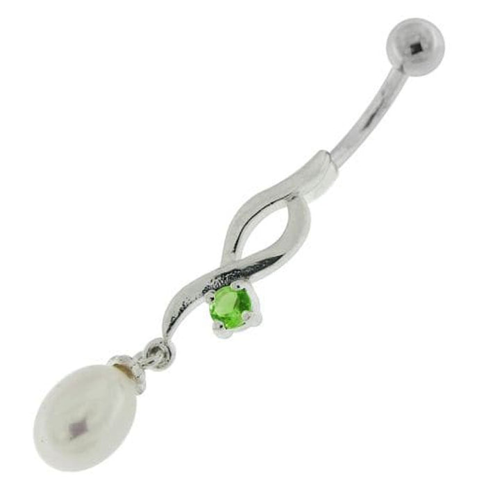 Jeweled And Pearl Silver Fancy Dangling Curved Bar Belly Ring