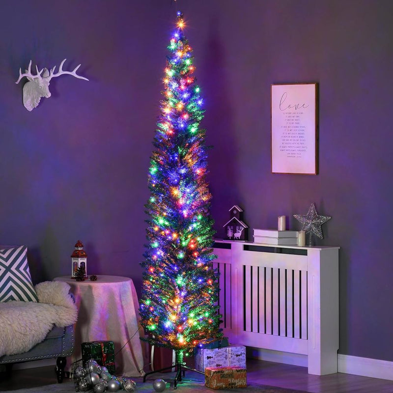 HOMCOM 7.5ft Artificial Pencil Christmas Tree with Colourful Lights, Steel Base