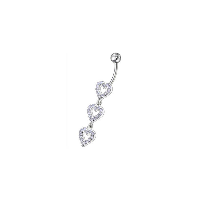 Triple Heart Dangling Fancy Multi Jeweled Curved Bar Belly Ring