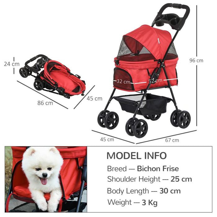 PawHut Dog Pram Dog Stroller Foldable Pet Pushchair with 4 Wheels, Safety Leashes, Cup Holder for Small Dogs, Red