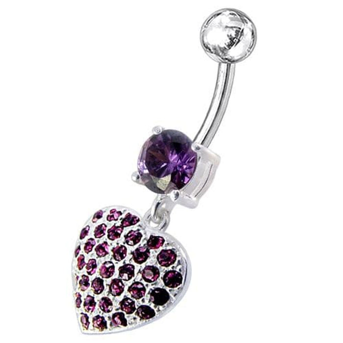 Fancy  Jeweled Heart Dangling SS Bar Belly Ring