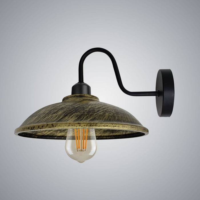 Vintage Brushed Brass Wall Light Fixture | Black Wall Sconce E27 Socket | Swan Neck Hemisphere Shade | Dimmable