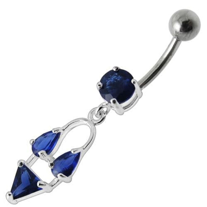 Silver Fancy Double Stone Jeweled Dangling Navel Ring