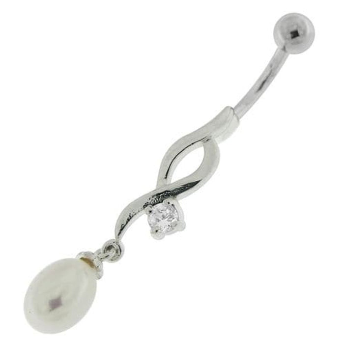 Jeweled And Pearl Silver Fancy Dangling Curved Bar Belly Ring