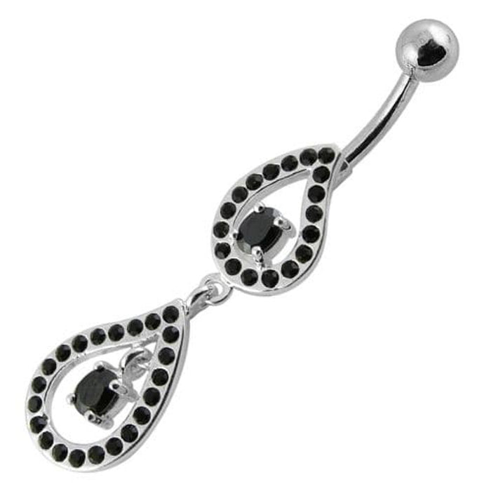 Fancy Pear Shape Jeweled Dangling SS Bar Navel Ring