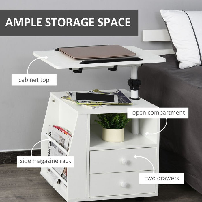 360 Rotating White Storage Table - Quality Particle Board - Multi-functional End Table with Cabinet