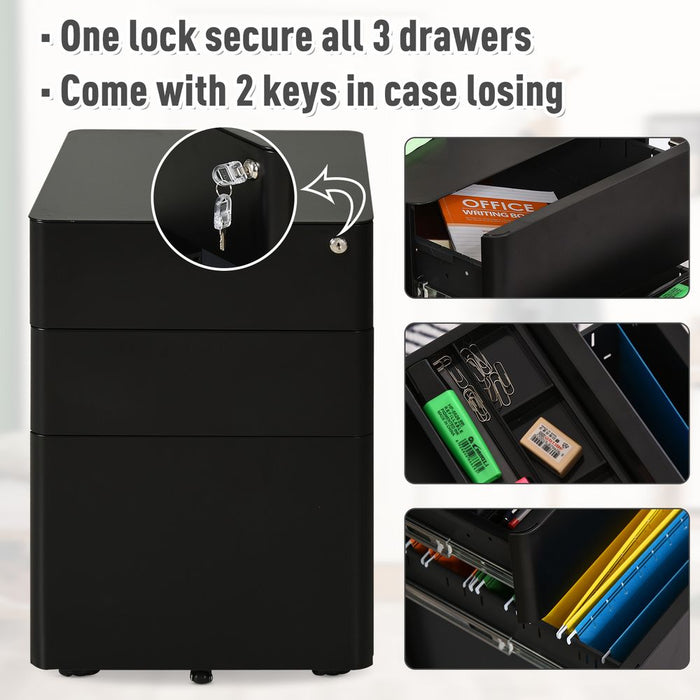 3 Draw Metal Filing Cabinet Lockable 4 Wheel Compact Under Desk Black Vinsetto