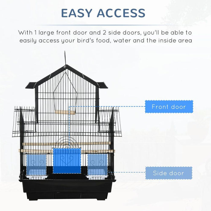 High-Quality Metal Bird Cage w/ Plastic Perch & Food Container - 50.5x40x63cm - Black