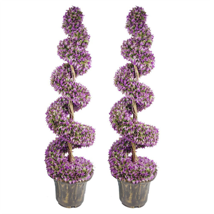 Stunning 120cm Pair of Purple Large Leaf Spiral Topiary Trees with Decorative Planters