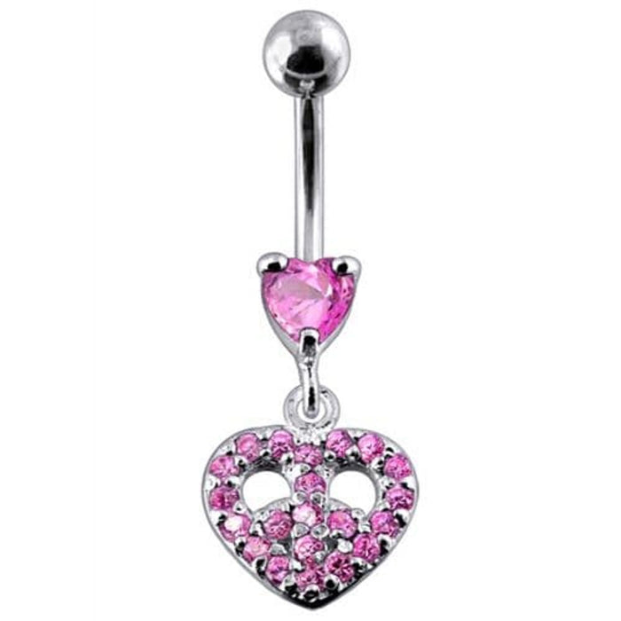 Jeweled Fancy Heart Shape Silver Dangling SS Bar Curved Belly Ring