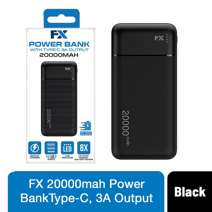 FX 20000mAh Powerbank with Type-C 3A Output, Black