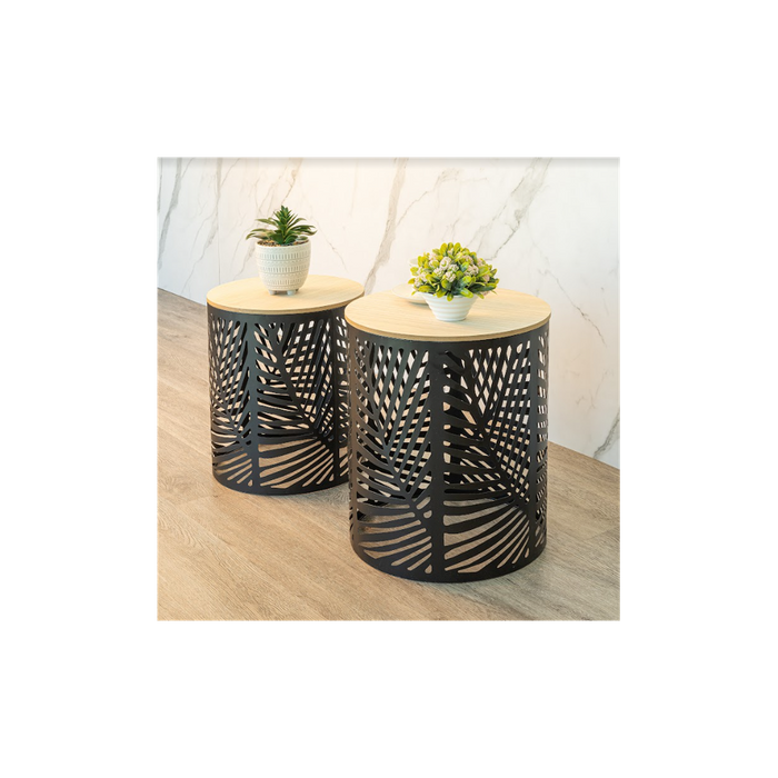 Premium Leaf Cut Basket Table Set - SLENDER - 2-Pack | Professional Quality | Iron + MDF | Classic Black