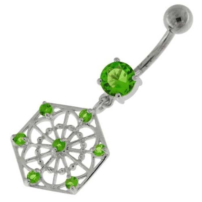 Sterling Silver Jeweled Hexagon Cut out Navel Bar