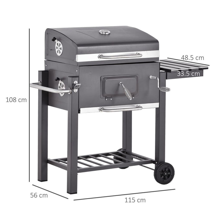 Premium Charcoal Grill BBQ Trolley | Wheels | Side Shelf | Thermometer | Steel | Black