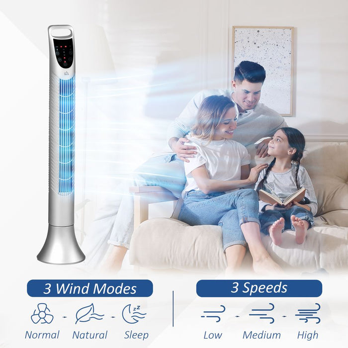 Premium Tower Fan with 3 Speeds, Oscillation, and Remote - High-Quality Silver Cooling Appliance