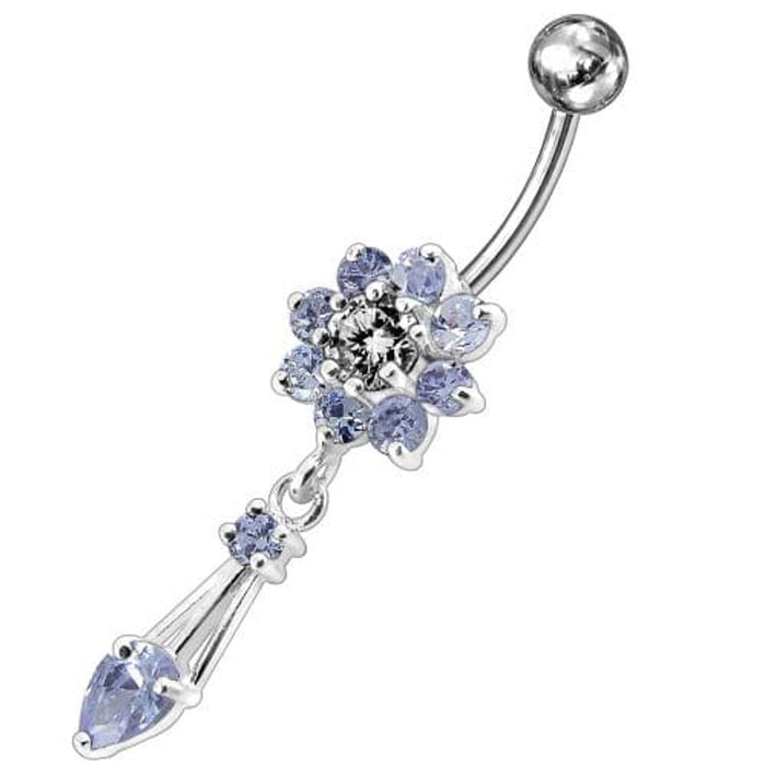 Jeweled Fancy Flower Dangling SS Banana Bar Navel Ring