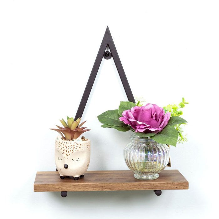 Premium Dark Oak Triangle Wall Shelf - High-Quality Black Metal Frame - PARGI