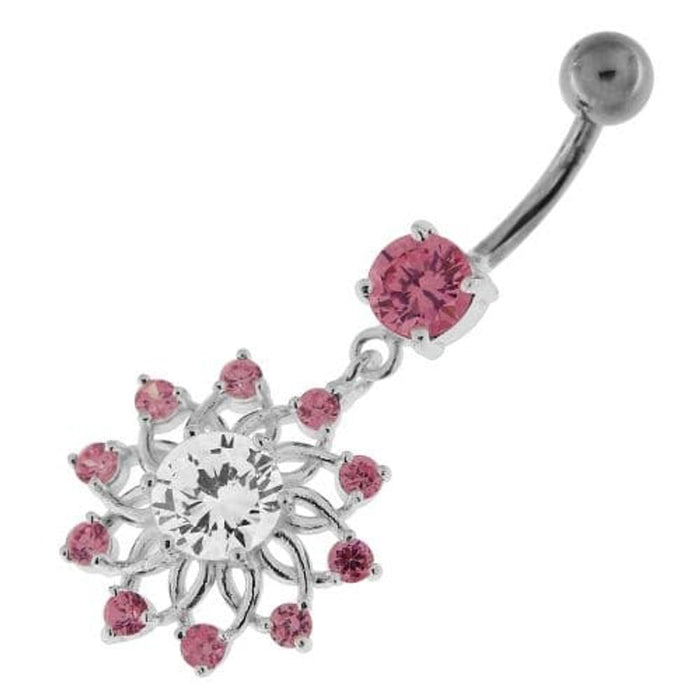 Jeweled Lotus Flower Sterling Silver Belly Button Ring