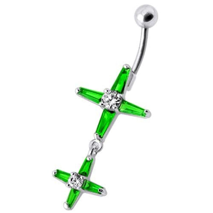 Fancy Double Cross Jeweled Silver Dangling With SS Bar Belly Ring