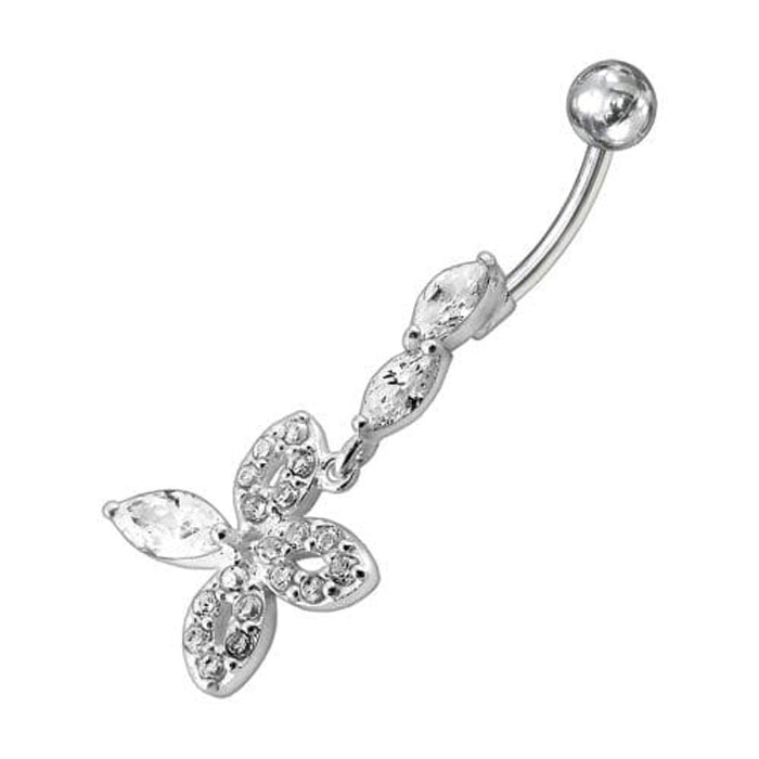 Fancy Silver Dangling Jeweled SS Curved Belly Ring