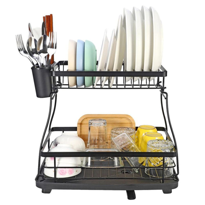 VINSANI BLACK DISH RACK 1010248 - Modern 2-Tier Design with Auto Drainage System - Large Capacity & Durable Quality - Easy Assembly