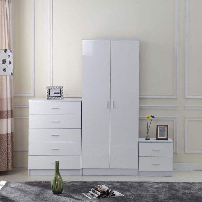 Tall White High Gloss Wardrobes 3Pc Chest Nightstand 7 Drawer - Best Quality & Elegance