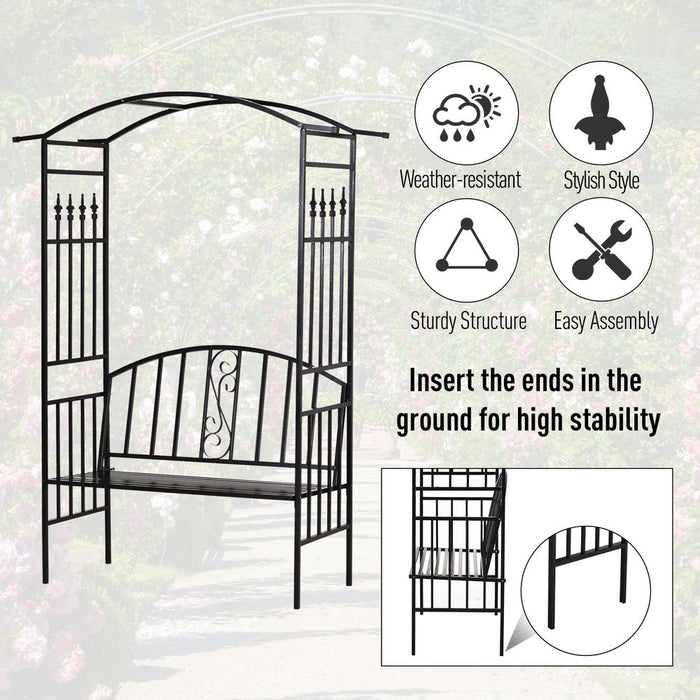 Durable Black Steel Frame Garden Arch w/ 2-Seater Bench - Perfect for Climbing Plants & Relaxing