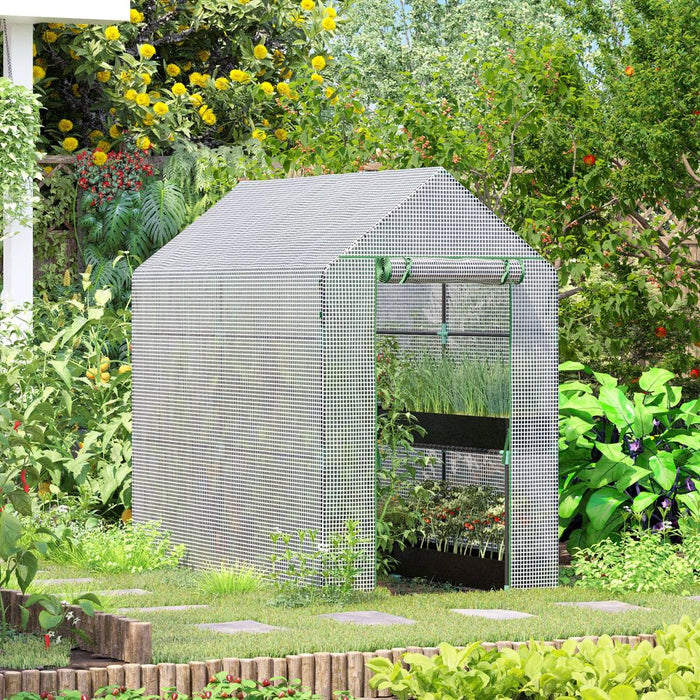 Outsunny Walk-In Greenhouse | Steel Frame | PE Cover | Shelves | 186Lx120Wx190Hcm | White