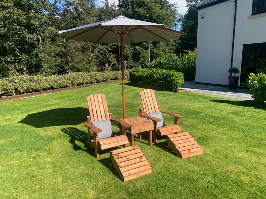 Aidandack Style Set - High Quality, Hand Finished Patio Furniture Made in Britain! Includes 2 Chairs, Footstalls, and a Drinks Table. Rustproof and Rot Free. White Glove Delivery. 10 Year Guarantee.