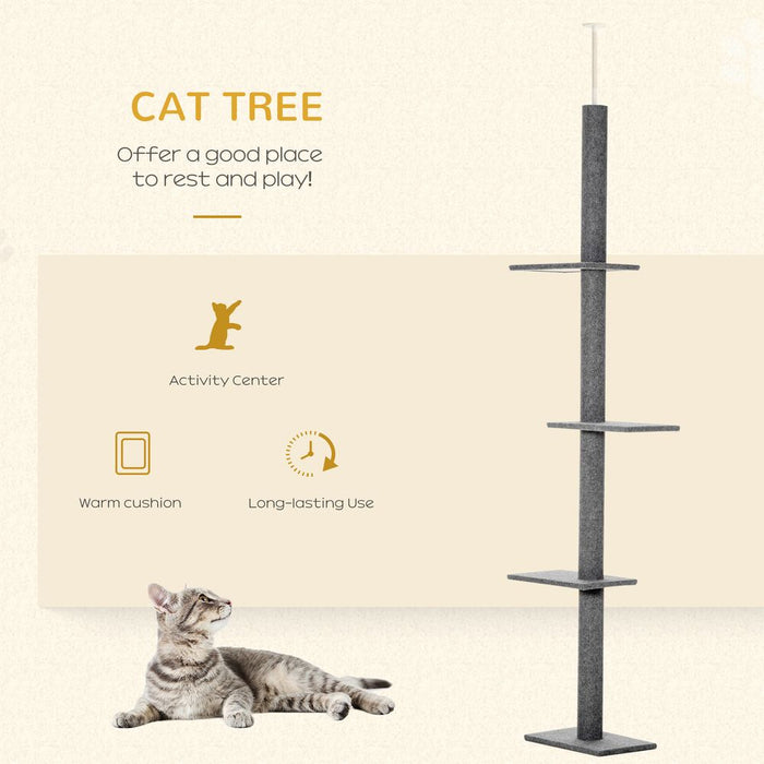 260cm Floor To Ceiling Cat Tree Kitten Tower Adjustable Height - Grey Pawhut