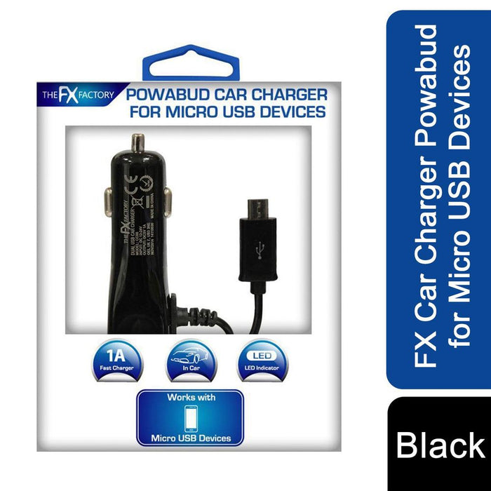 FX Car Charger Powabud: Plug & Power Micro USB Devices. Lightweight & Compact. Outputs 5v 1000 mAh. LED Power Indicator. Compatible with Mobile Phones, Tablets, Bluetooth Headsets, & More. Short Circuit & Overload Protection.