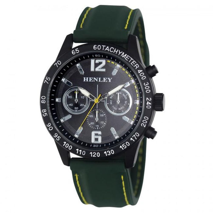 Henley Mens Multi Eye Black Dial With Green Sports Large Silicone Strap Watch