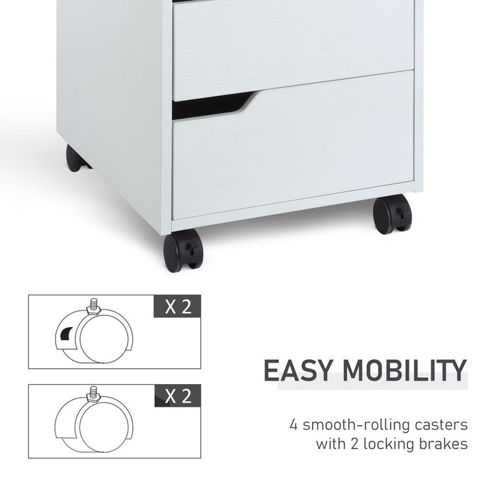 MDF Mobile File Cabinet w/ 3 Drawers Locking Wheels Metal Rails White