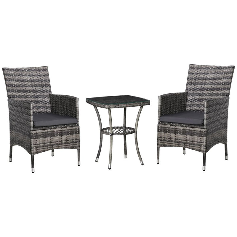 Outdoor Garden Rattan Bistro Set - 2 Seater Table Set - Light Grey - All Weather - UV Resistant