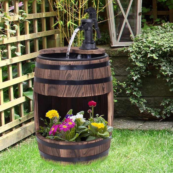 Outsunny Wood Barrel Pump Garden Fountain Water Feature