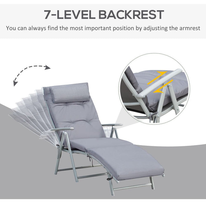 Premium Steel Frame Outdoor Garden Lounger: Reclining, Padded & Comfy w/ Pillow. Gray. High-Quality.