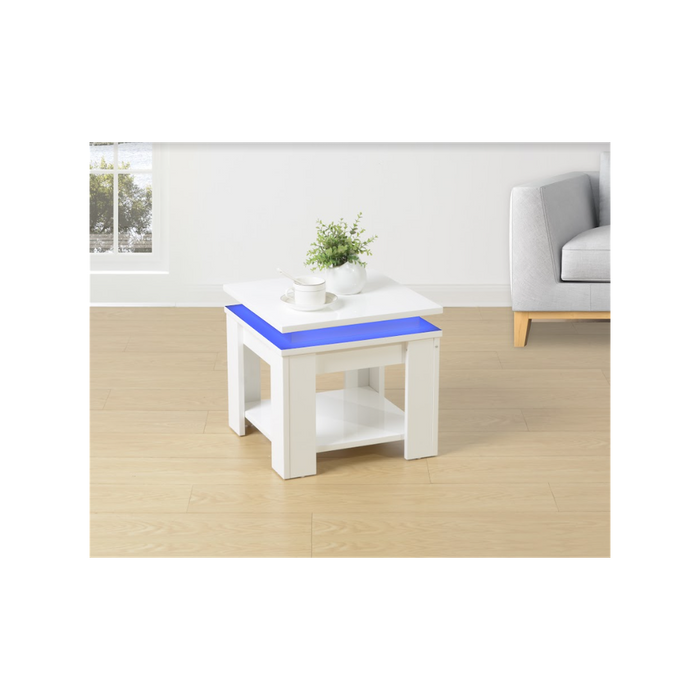 WHITE Square Side Table with BLUE LED Light - EFFULGENCE