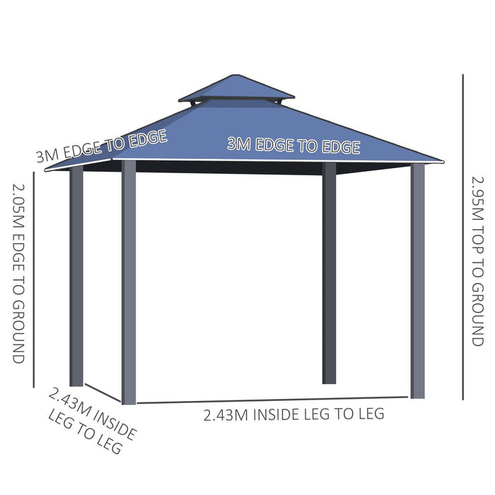 3x3m Hardtop Gazebo Canopy Double-Tier Steel Frame, Curtains & Net