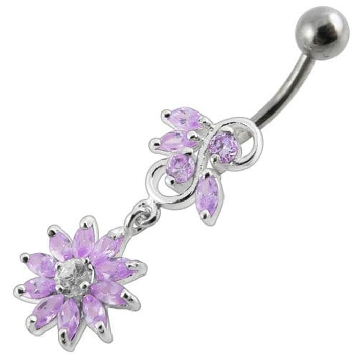 Fancy White Stone Jeweled Flower Dangling Navel Ring