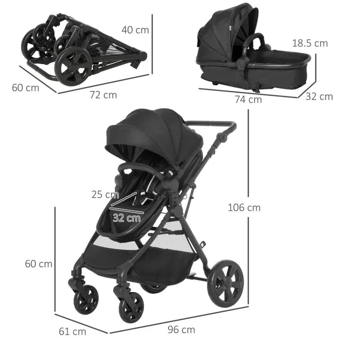 Foldable Baby Pushchair w/ Fully Reclining Backrest From Birth to 3 Years- Black