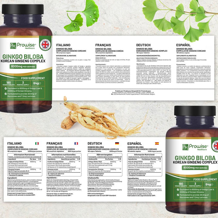 Ginkgo Biloba & Korean Ginseng Tablets 8000mg 180 Vegan by Prowise - Clarity, Focus, & Longevity