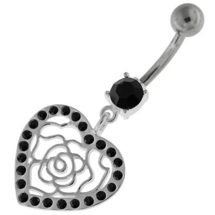 Dangling Rose Cut out Heart Belly Button Bar