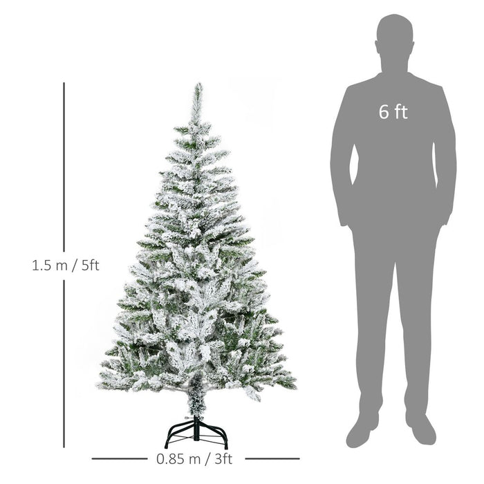 HOMCOM 5 Ft Snow Flocked Artificial Christmas Tree Xmas Pine Tree with Realistic Branches, Auto Open and Steel Base, Green