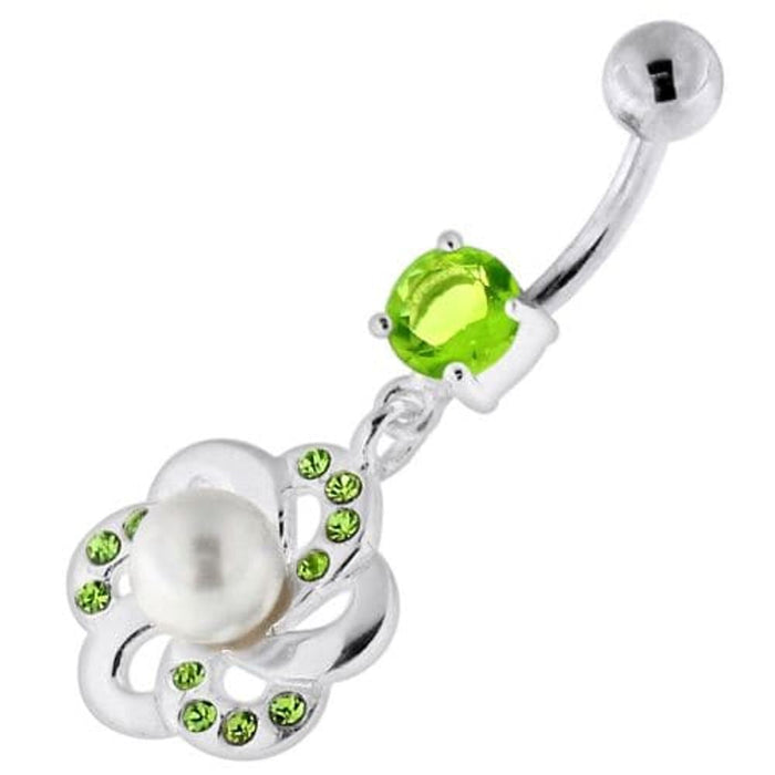 Jeweled Flower with Center Pearl Swirl Navel Belly Piercing