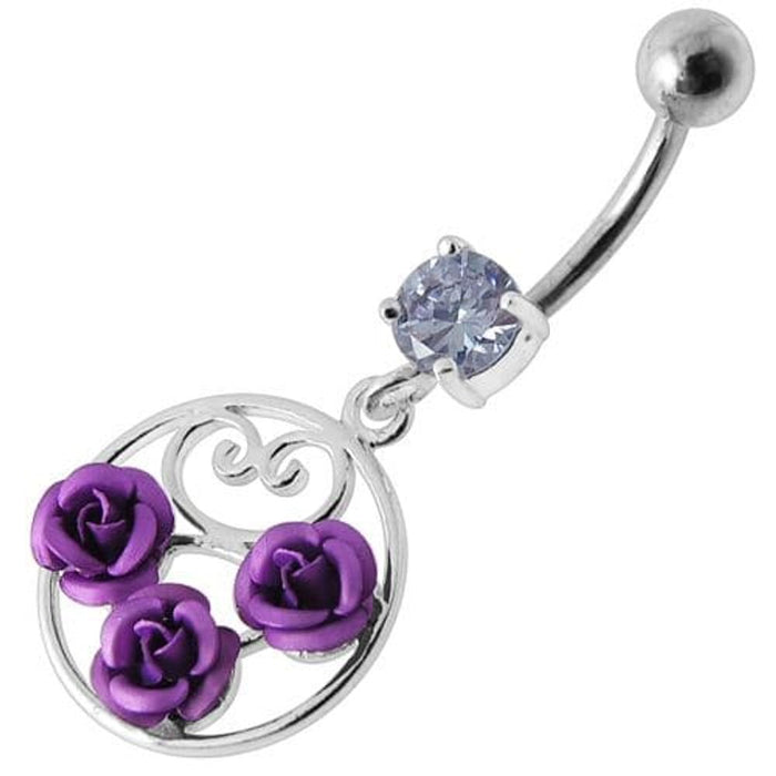 Fancy Multi Jeweled  ROSES Dangling Banana Bar Belly Ring