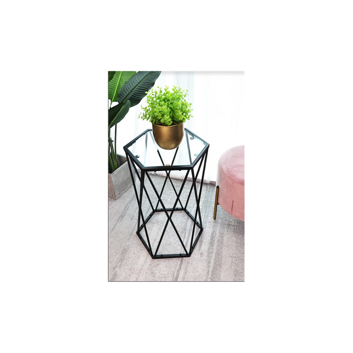 SLENDER Hexagon Black Side Table - Tempered Glass - High Quality - Professional Seller