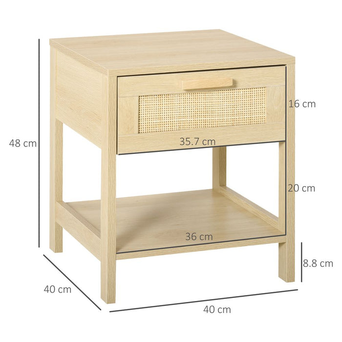 Bedside Table Nightstand W/ Rattan Drawer Storage Shelf Bedroom Living Room