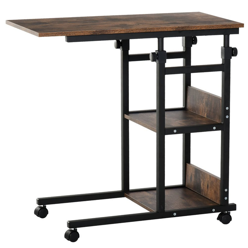 HOMCOM Industrial Mobile Sofa Side Table C-Shaped Rolling Couch Table with 3-Tier Storage Shelving Four Lockable Wheels Steel Frame - Brown