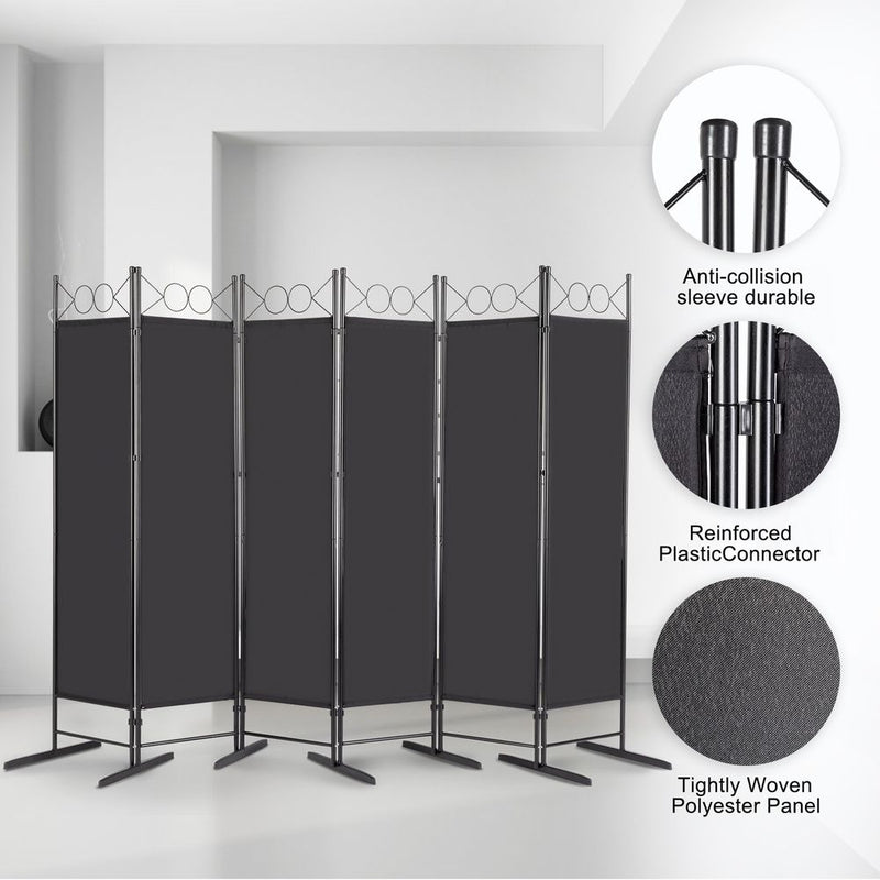 5.74FT 6-Fold Top With Shape 130g Polyester Cloth Plastic Feet Carbon Steel Frame Foldable Screen Black